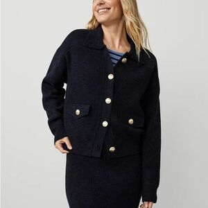 Ann Taylor Weekend Navy Knit Button Up Cardigan Bomber Jacket